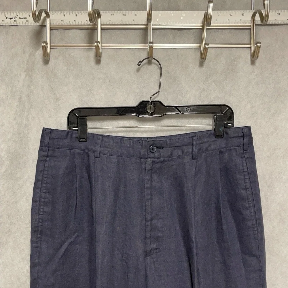 Alan Flusser Pants Men 35X34.5 Blue Golf Straight Linen Pleated Cuffs Casual